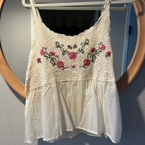 NWT Francesca's Collections Cream Crochet Camisole with Floral Embroidery